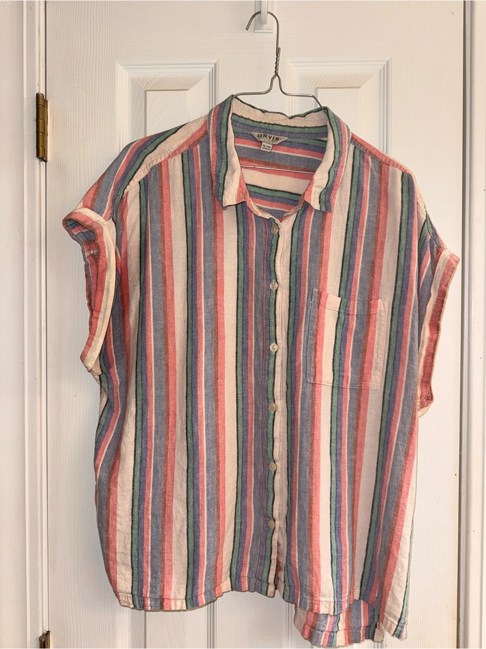 Orvis Linen Blend Pastel Stripe Short-Sleeve Button-Down in Pink, Blue, white.
